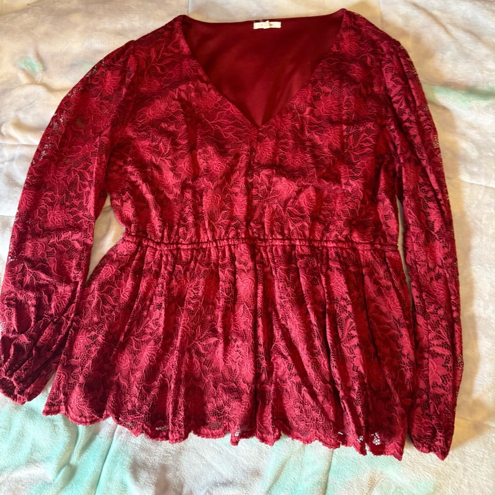 Maurices Wine Lace Peplum V-Neck Blouse